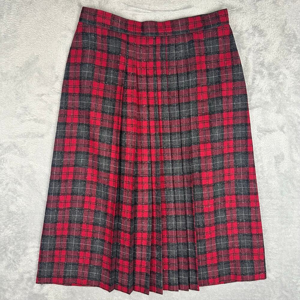 VTG 70s Panther Red Tartan Plaid Pleated Midi Skirt Wool Blend 16 Preppy USA